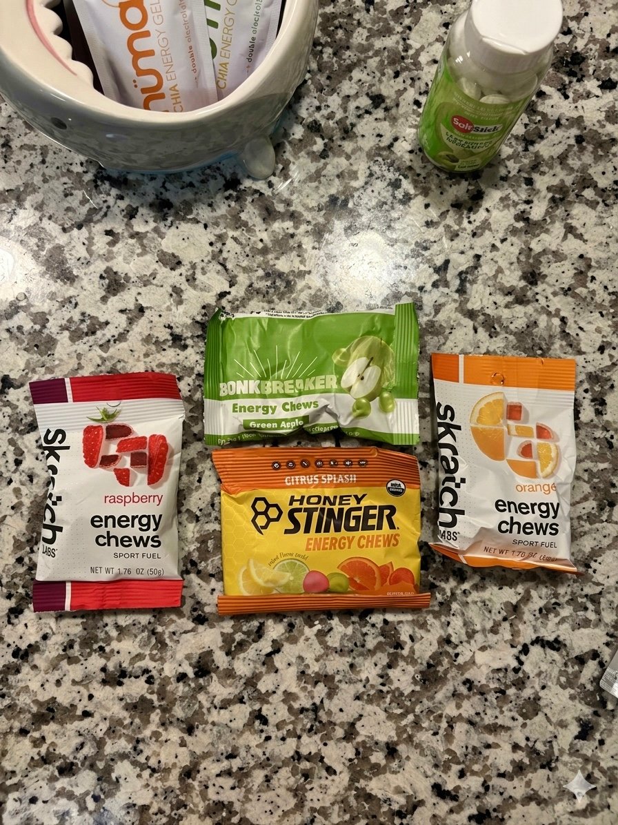 Skratch Labs Bonkbreakers and Honey Stinger energy chews used during Chicago half marathon training week 5