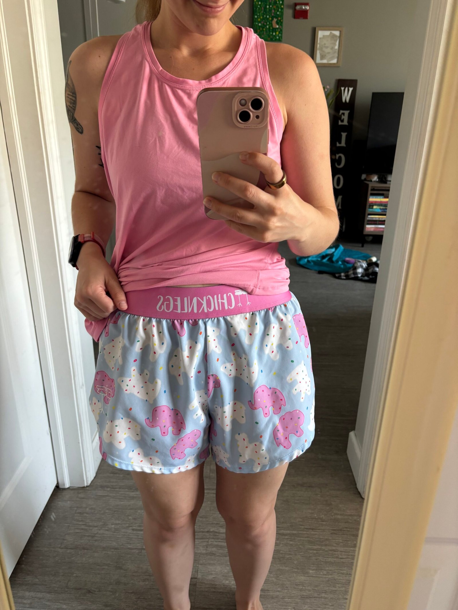 Wearing ChicknLegs running shorts on a spring run