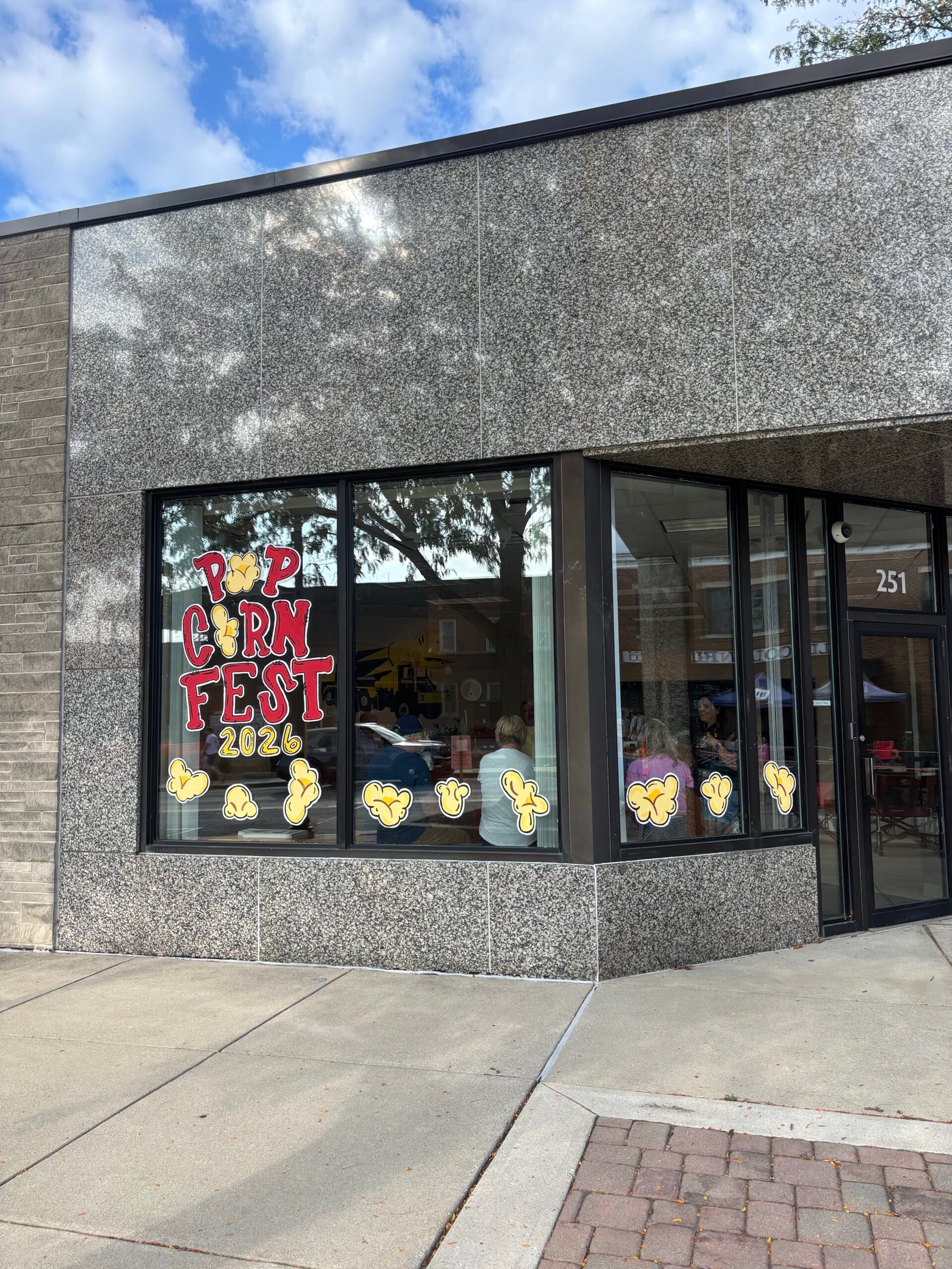 Painted storefront window for the Valparaiso Popcorn Festival