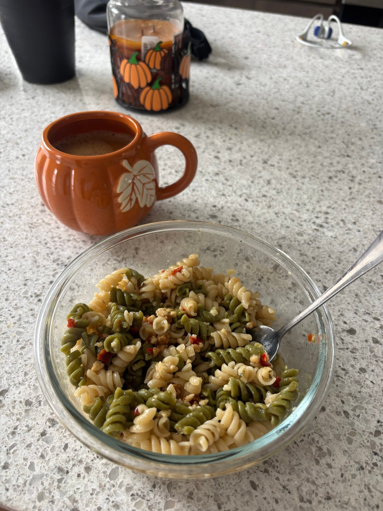 Post-run pasta with a pumpkin coffee mug after a 16-mile long run