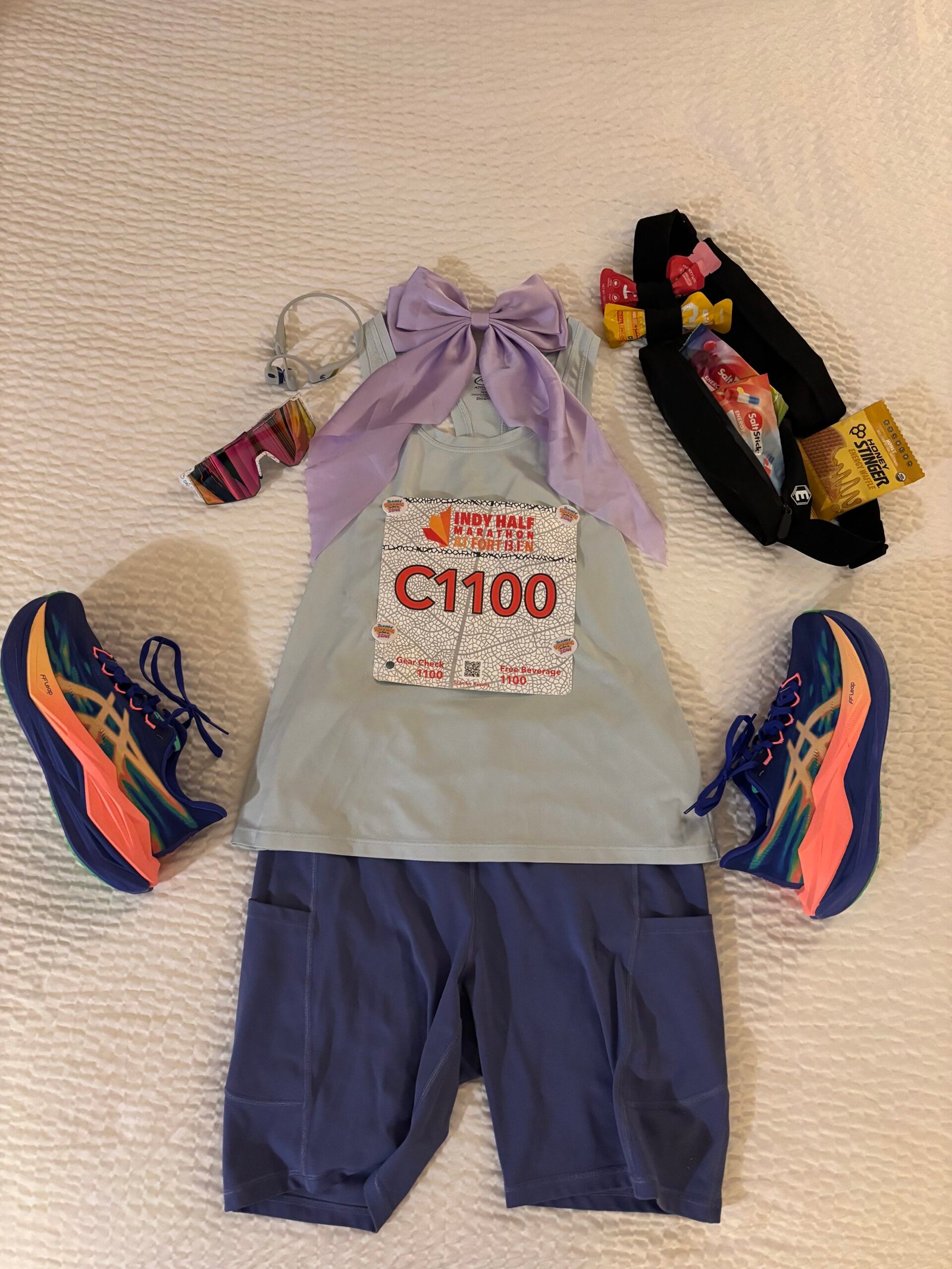 Flat lay of a half marathon race day outfit